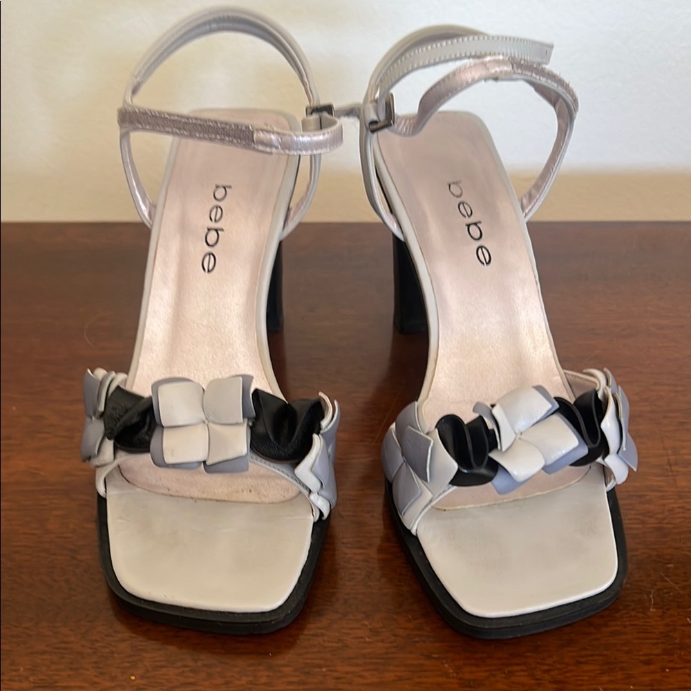 Bebe Silver and Black Heels with Chic Straps